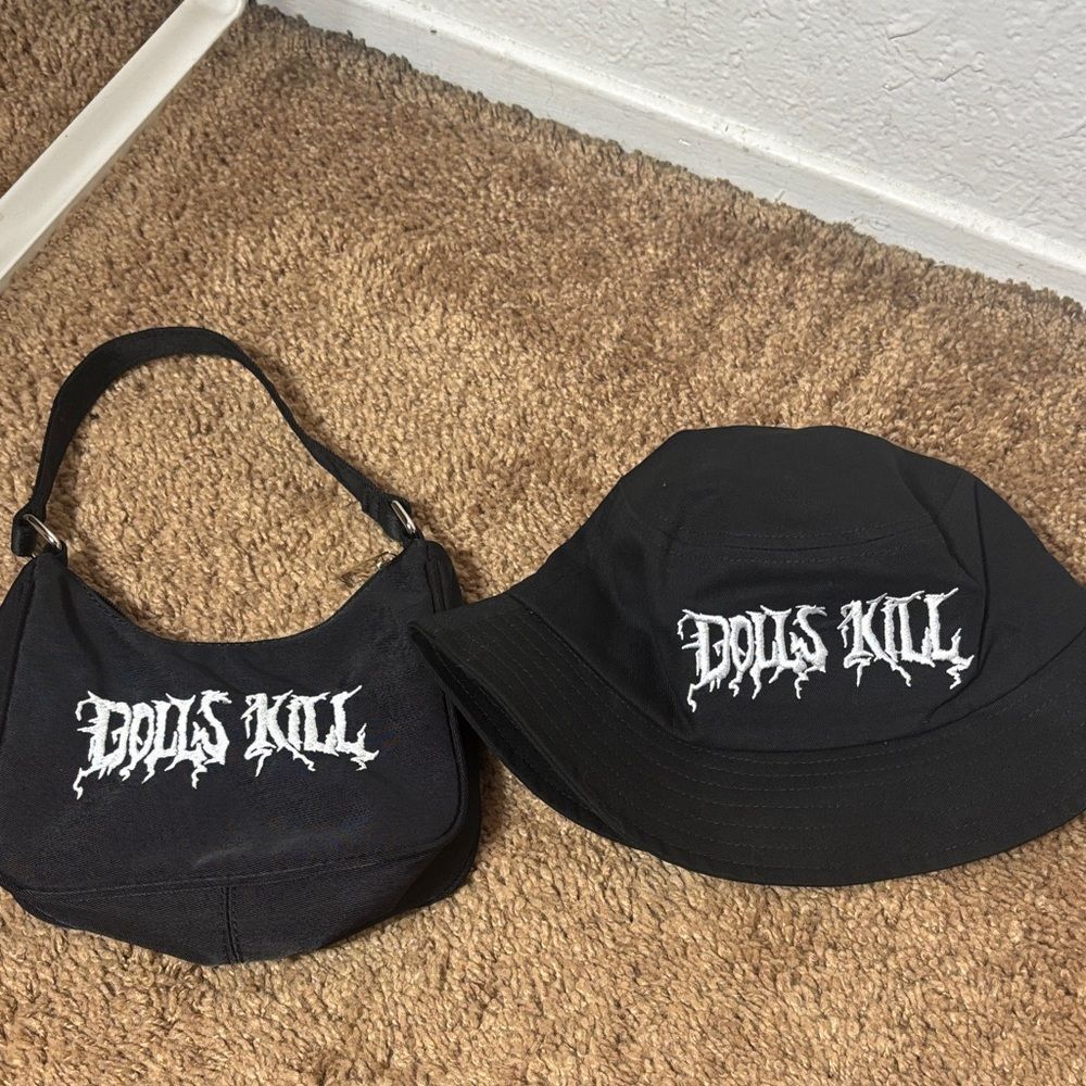Dolls‎ kill bucket hat and mini purse embroidered logo black and white gothic.